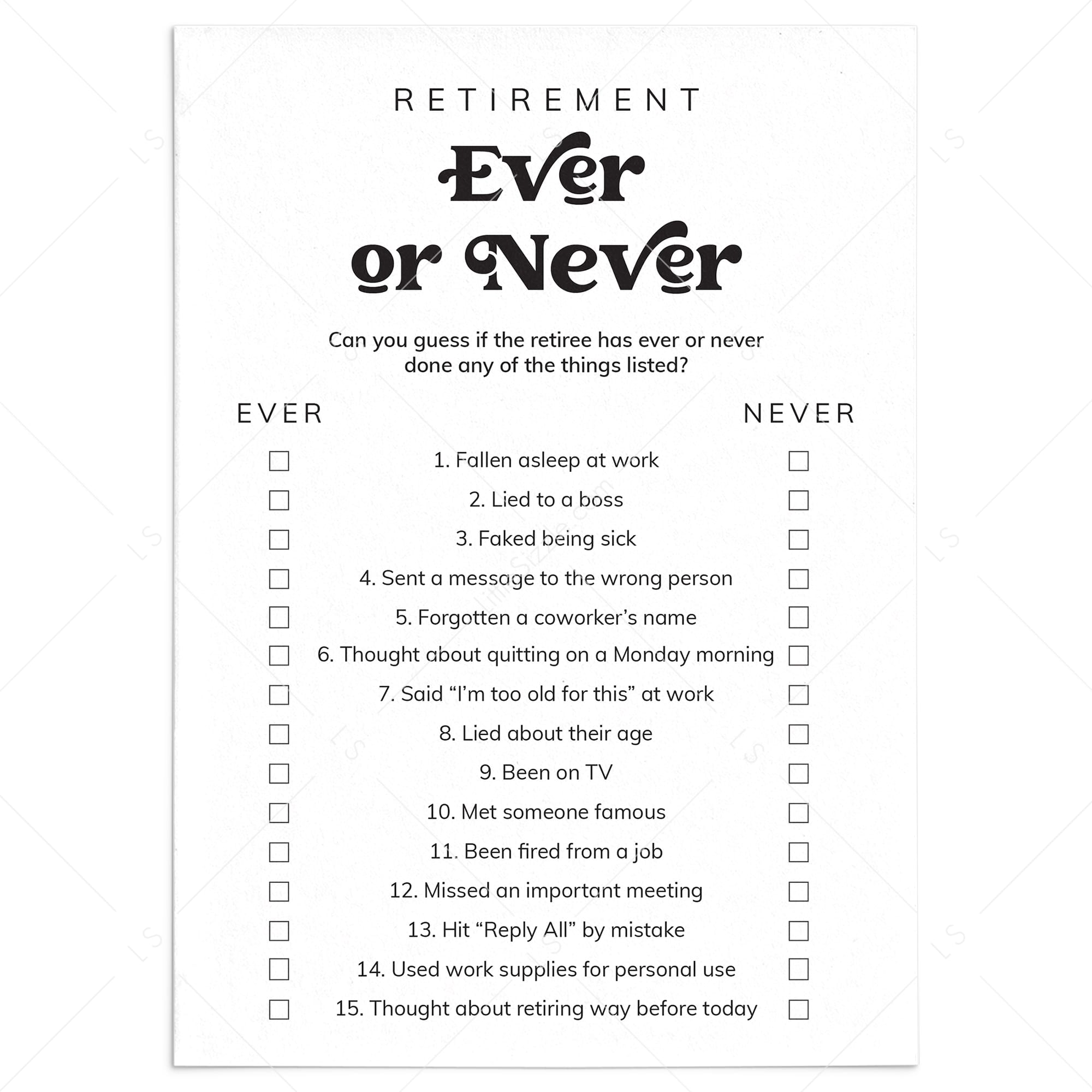 Retirement Printable Ever or Never Game by LittleSizzle