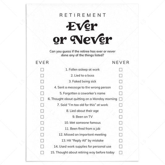Retirement Printable Ever or Never Game by LittleSizzle