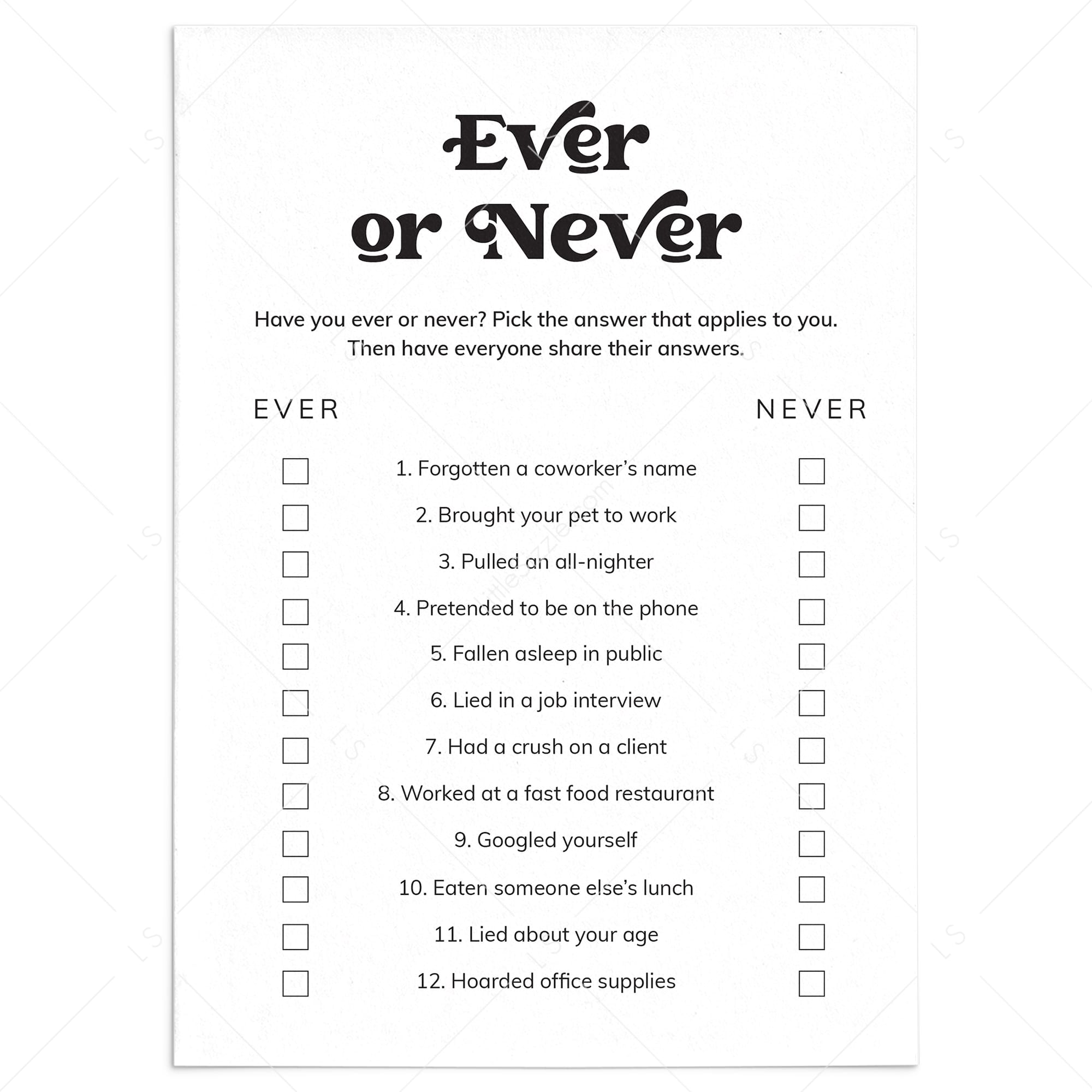 Printable Never Have I Ever Office Edition Questions by LittleSizzle