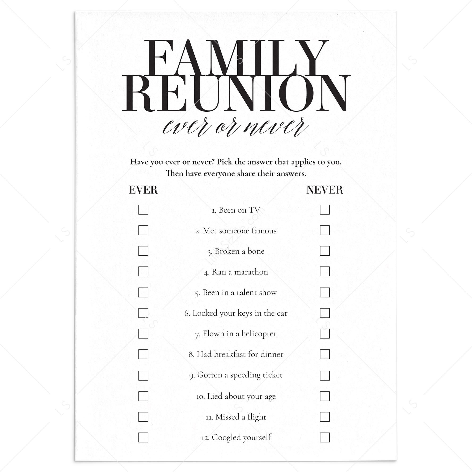 Never Have I Ever Questions for Family Reunion Printable by LittleSizzle