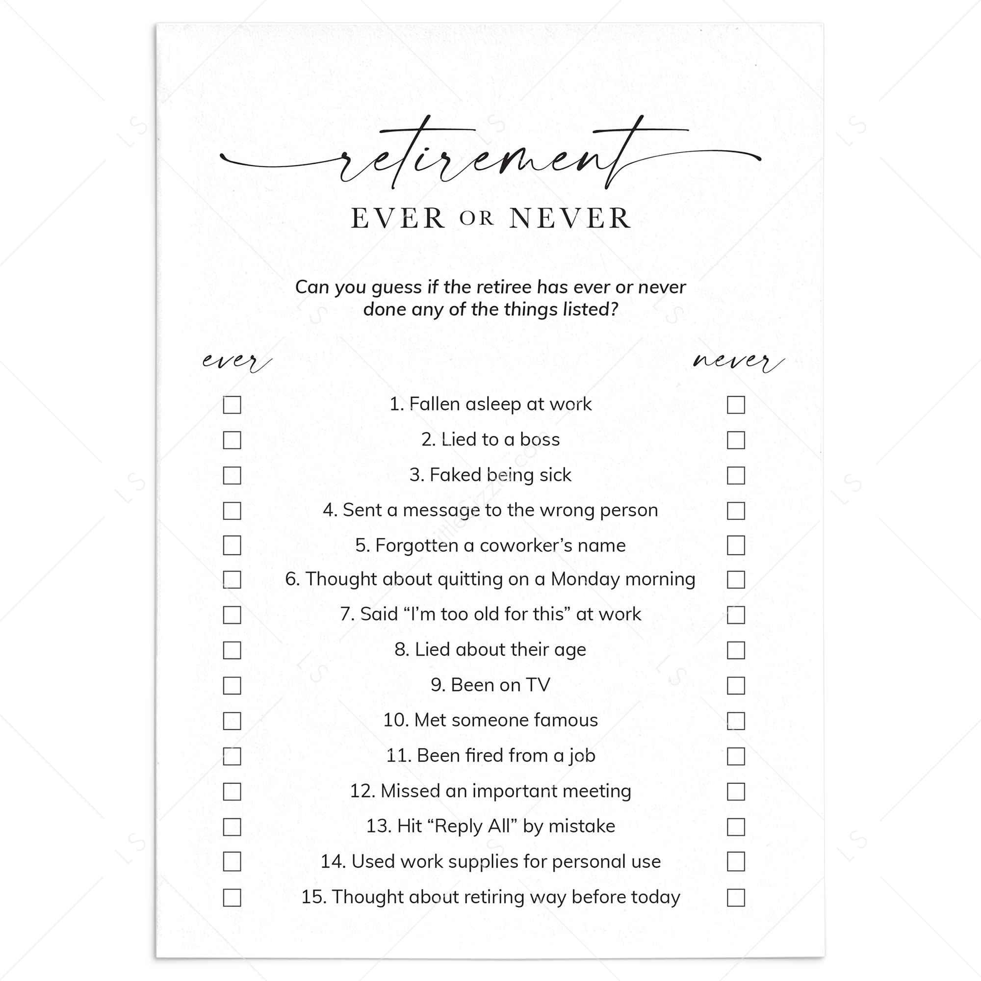 Retirement Party Game Never Have I Ever Printable by LittleSizzle