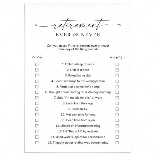 Retirement Party Game Never Have I Ever Printable by LittleSizzle