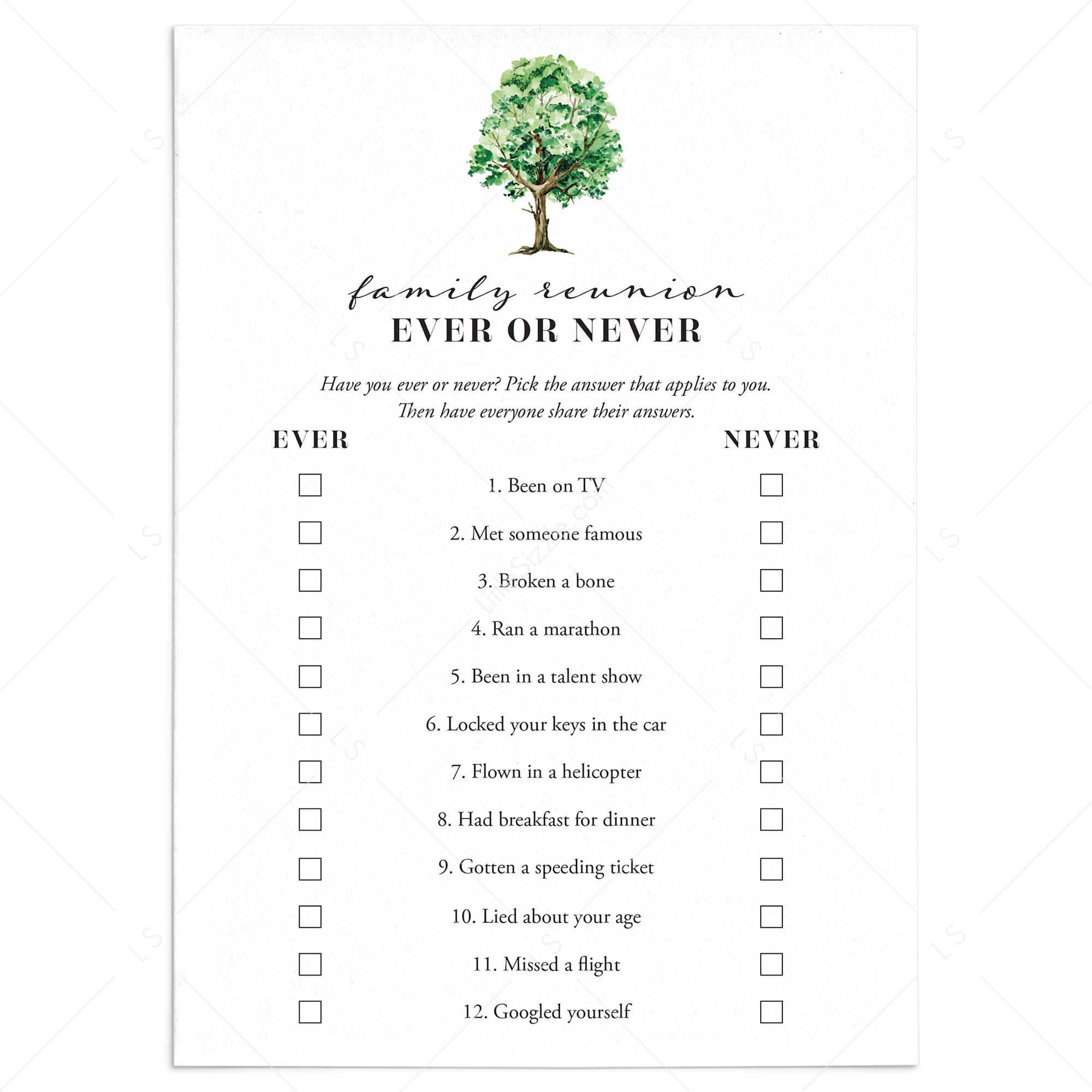 Printable Family Reunion Icebreaker Game Ever or Never by LittleSizzle