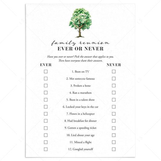 Printable Family Reunion Icebreaker Game Ever or Never by LittleSizzle