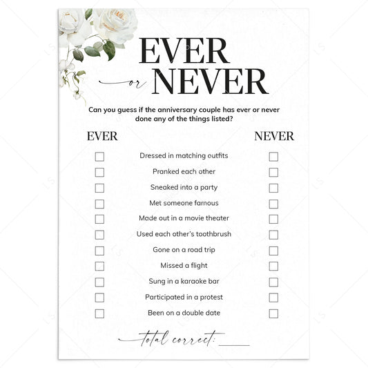 Printable Ever or Never Game for Anniversary Party by LittleSizzle