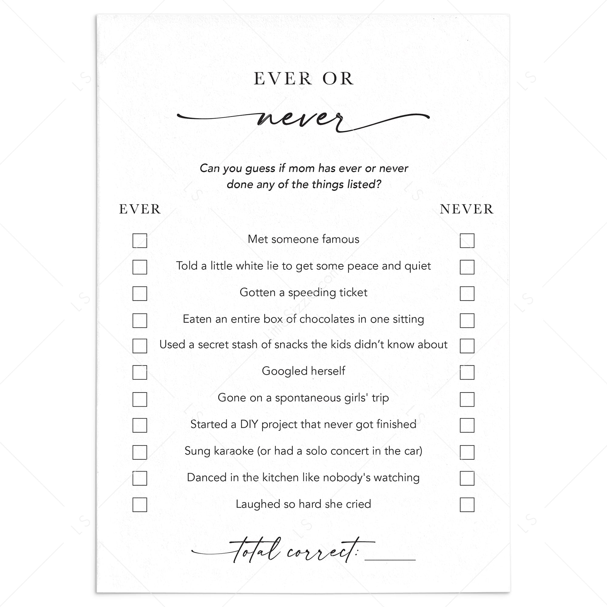 Mother's Day Never Has She Ever Printable Game by LittleSizzle