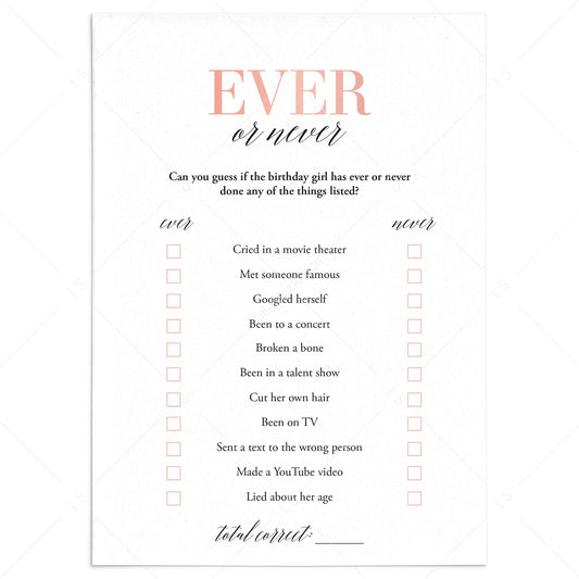 Printable Ever or Never Game for Teen Birthday Party by LittleSizzle