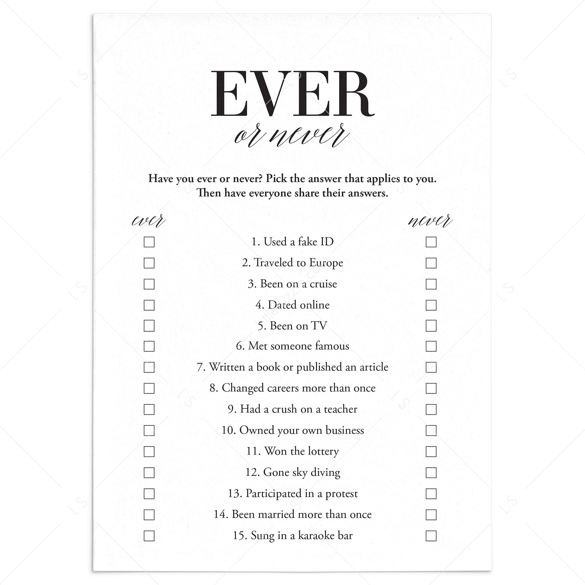 Class Reunion Ever or Never Game Printable by LittleSizzle