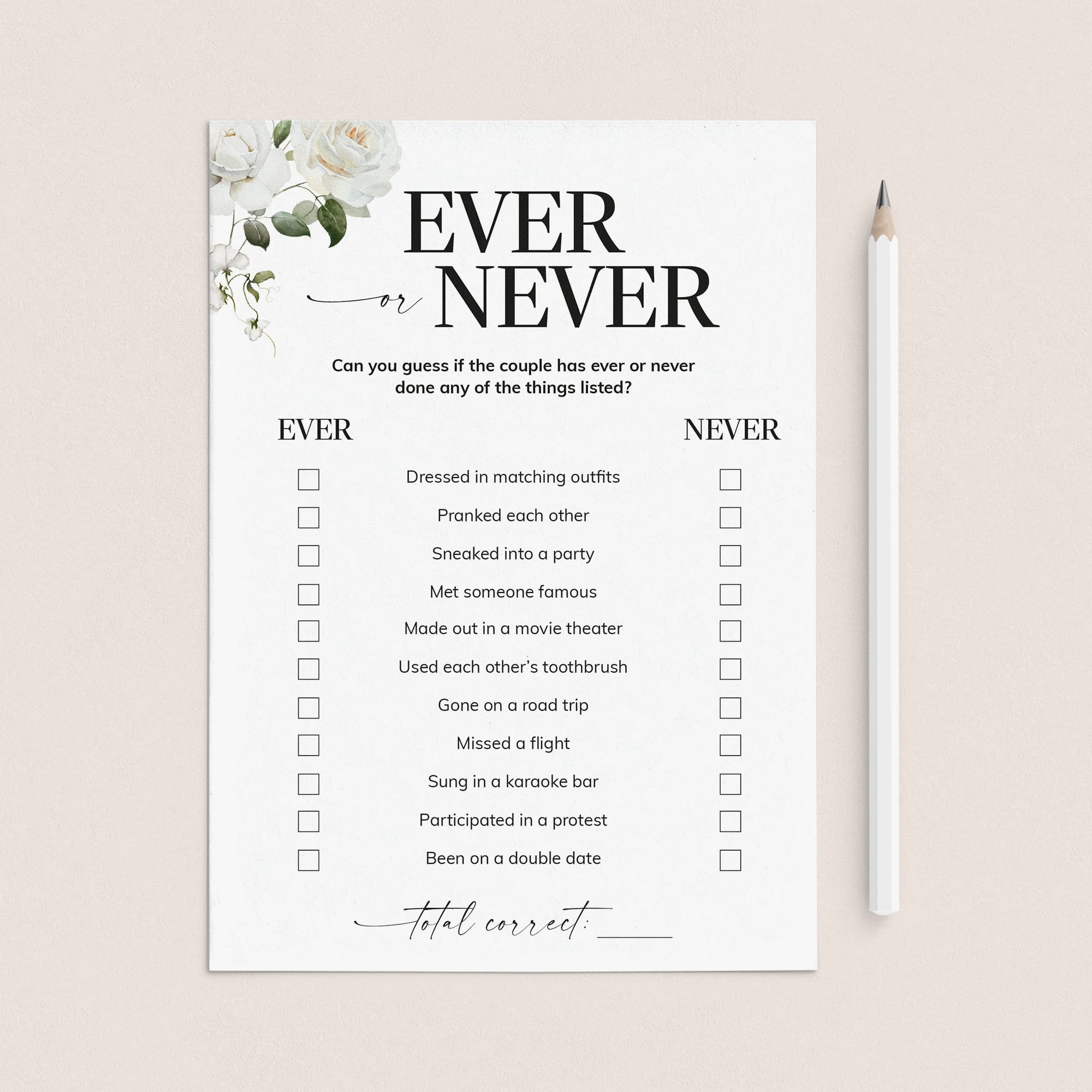 Ever or Never Questions for Couples Shower Printable by LittleSizzle