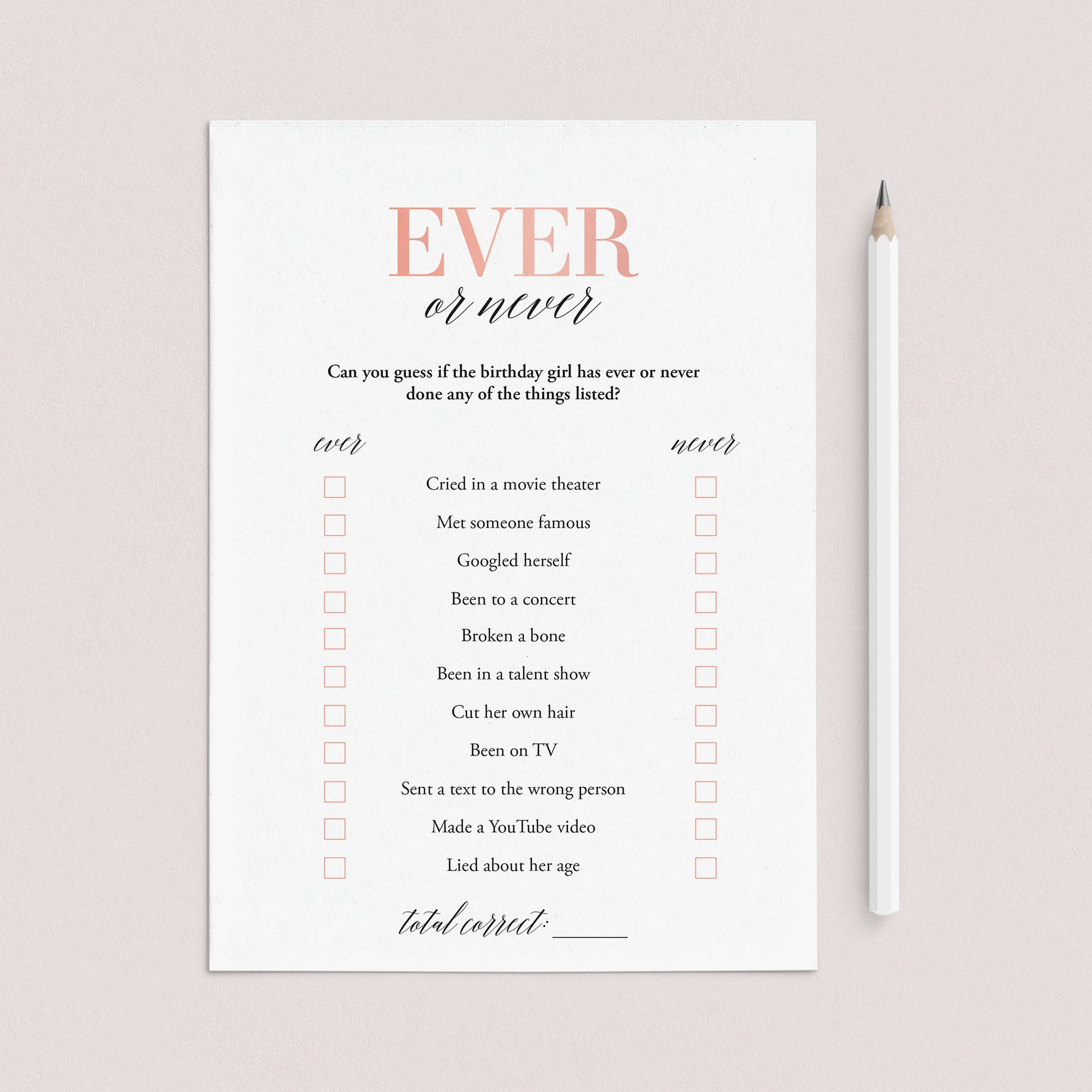 Printable Ever or Never Game for Teen Birthday Party by LittleSizzle