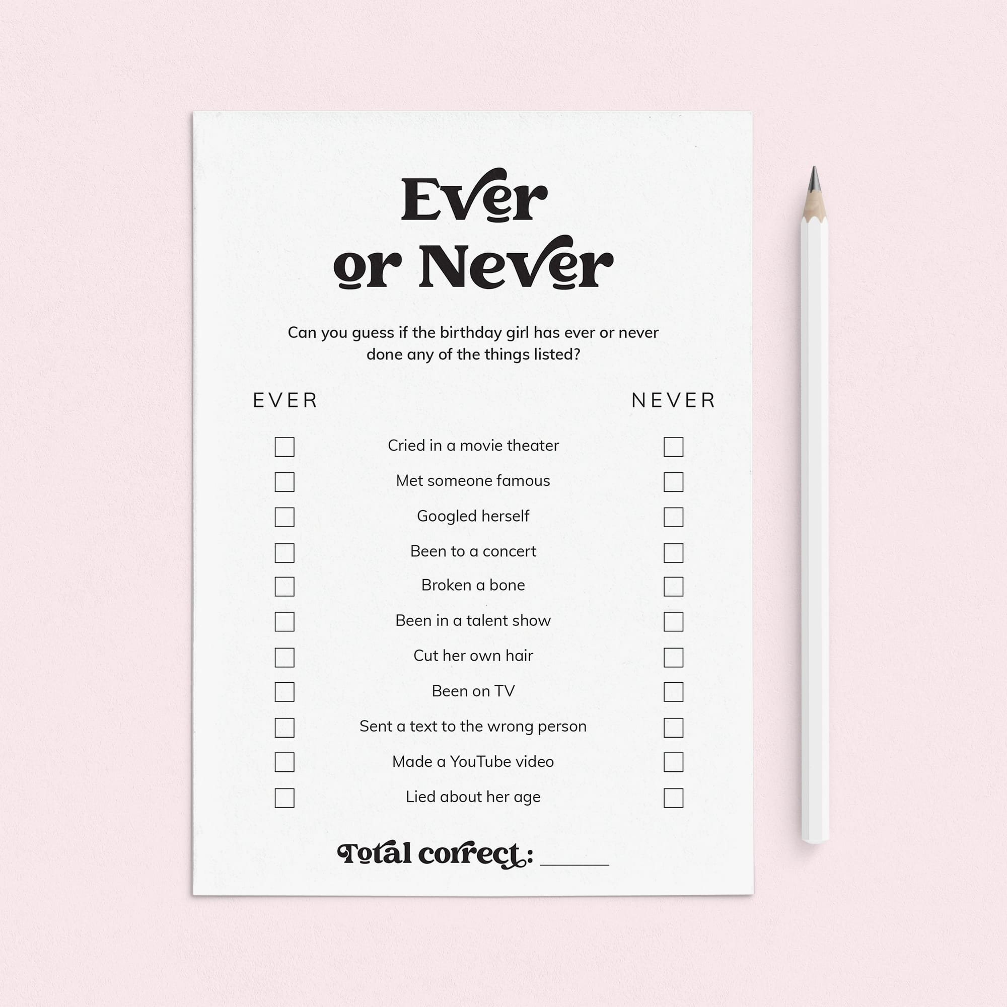 Printable Ever or Never Birthday Party Game for Birthday Girl by LittleSizzle