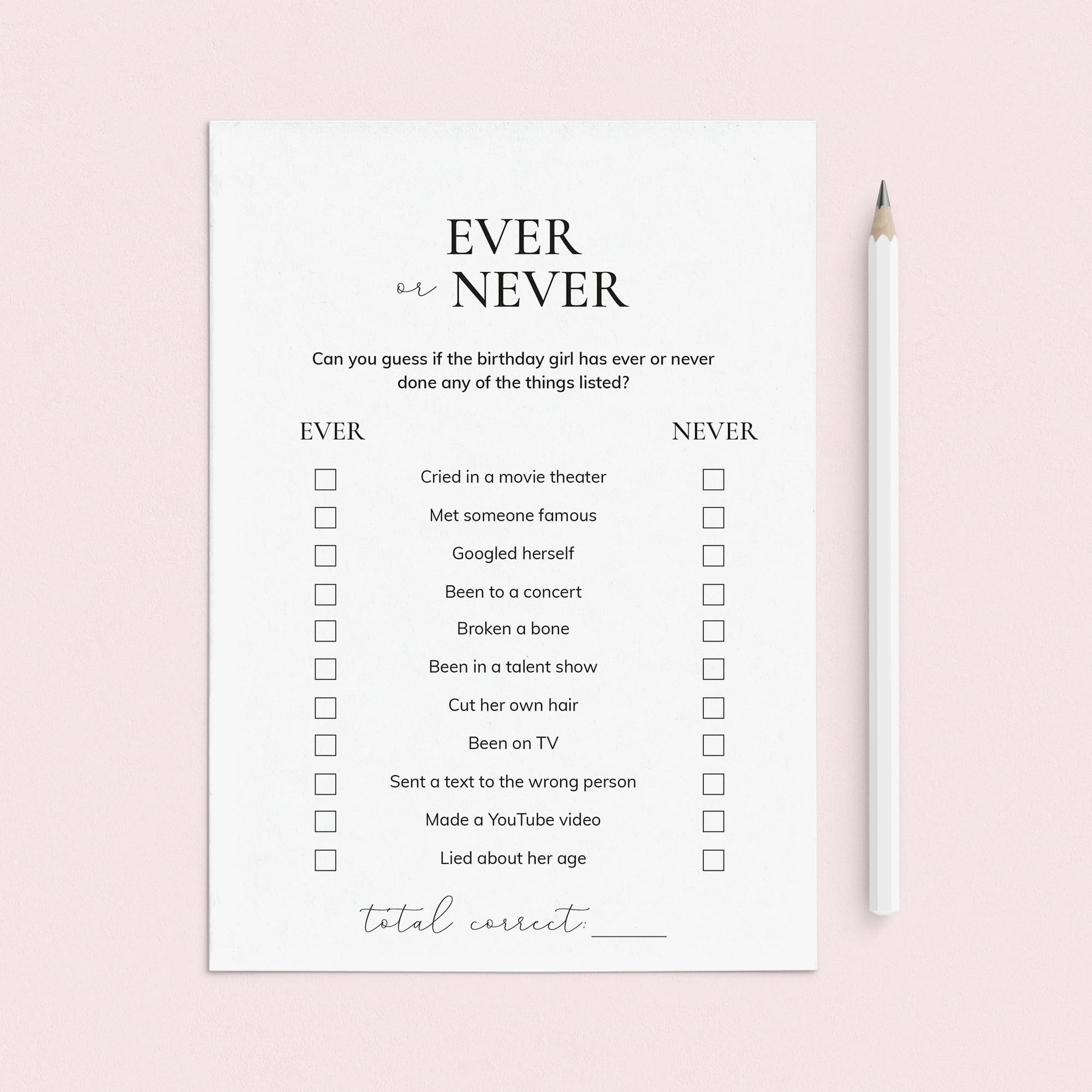 Printable Ever or Never Birthday Party Game for Teens by LittleSizzle