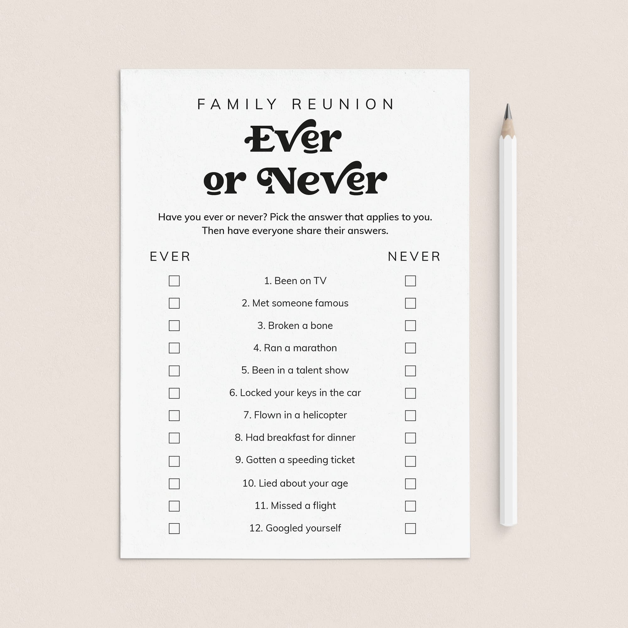 Family Reunion Ever or Never Printable Icebreaker by LittleSizzle