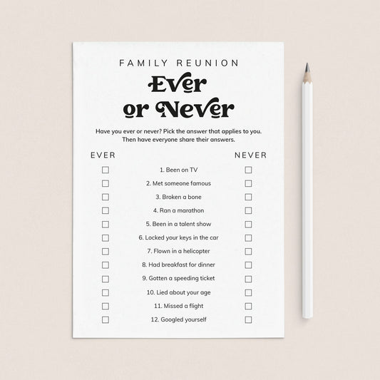 Family Reunion Ever or Never Printable Icebreaker by LittleSizzle