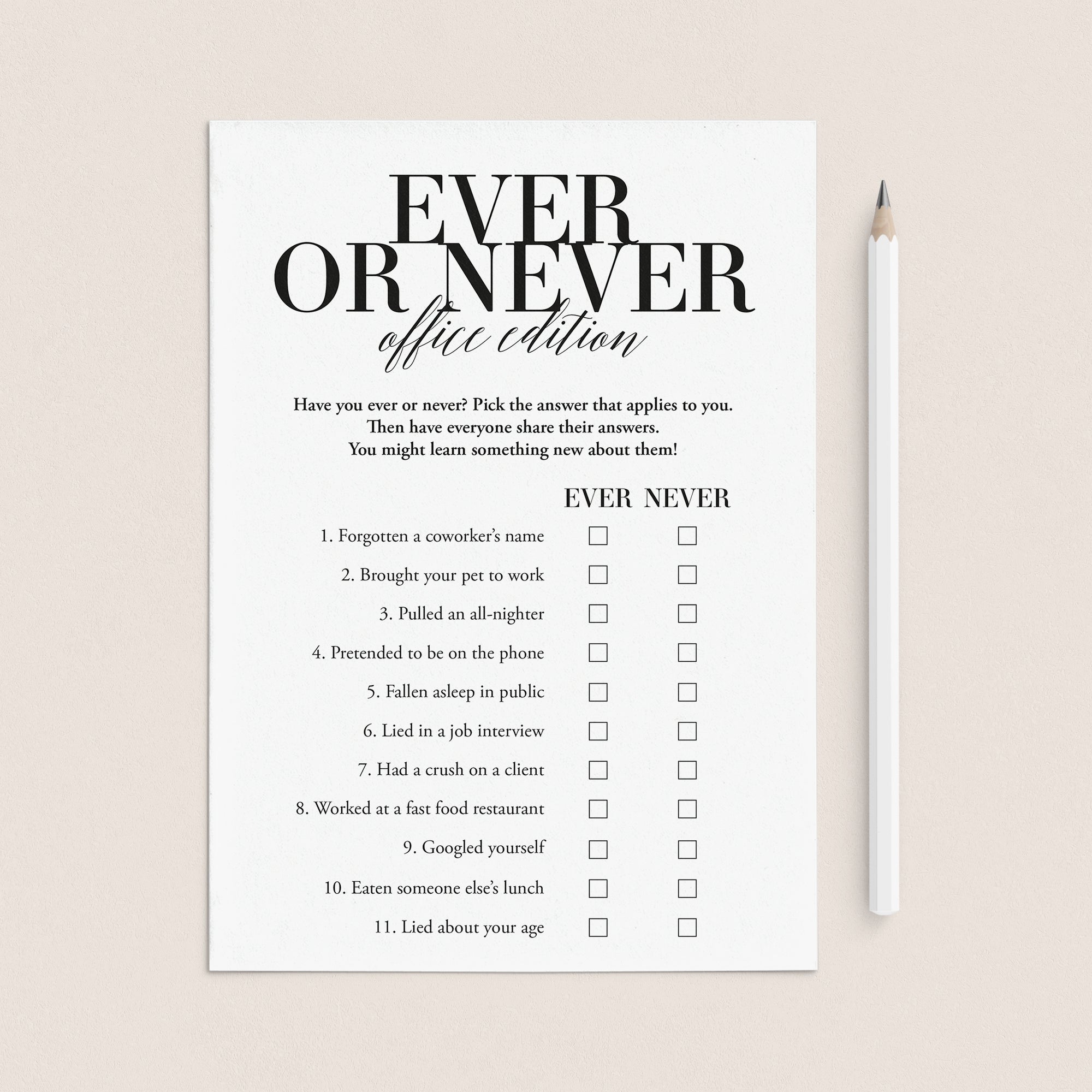 Ever or Never Office Party Icebreaker Game Printable by LittleSizzle