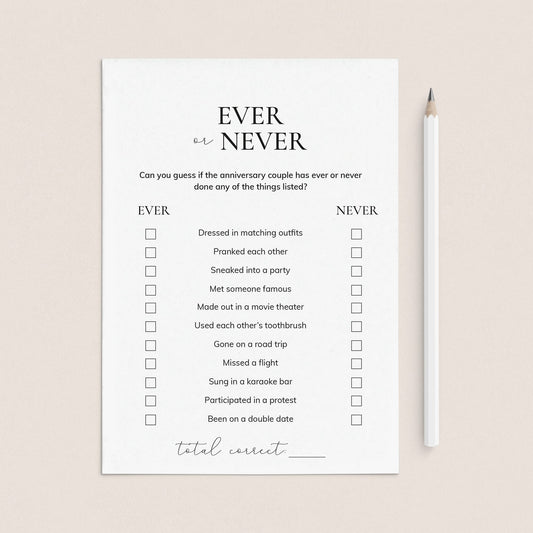 Ever or Never Couple Game for Anniversary Party Printable by LittleSizzle
