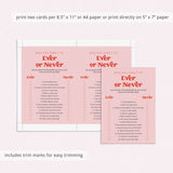 Funny Bachelorette Ever or Never Questions Game Printable