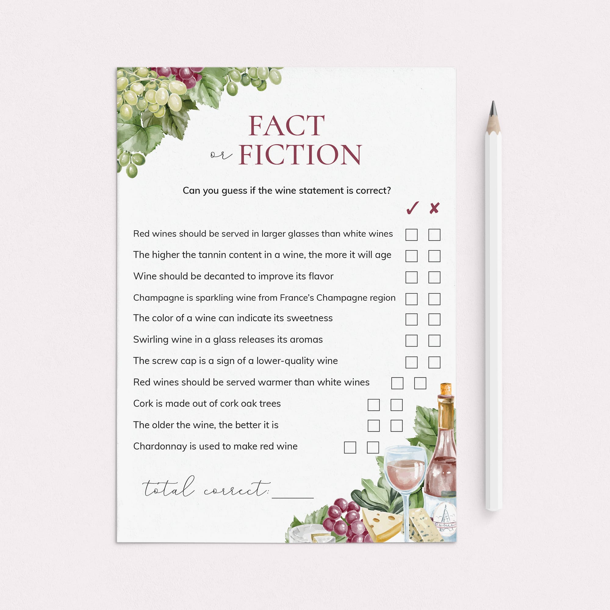 Wine Themed Party Wine Fact or Fiction Game with Answers Printable by LittleSizzle