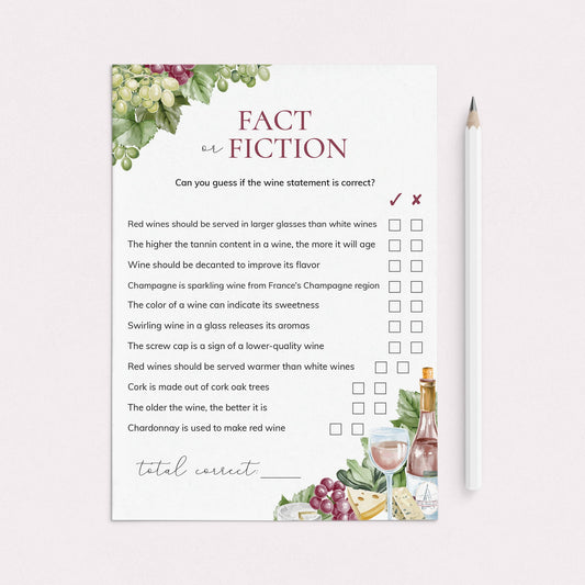 Wine Themed Party Wine Fact or Fiction Game with Answers Printable by LittleSizzle