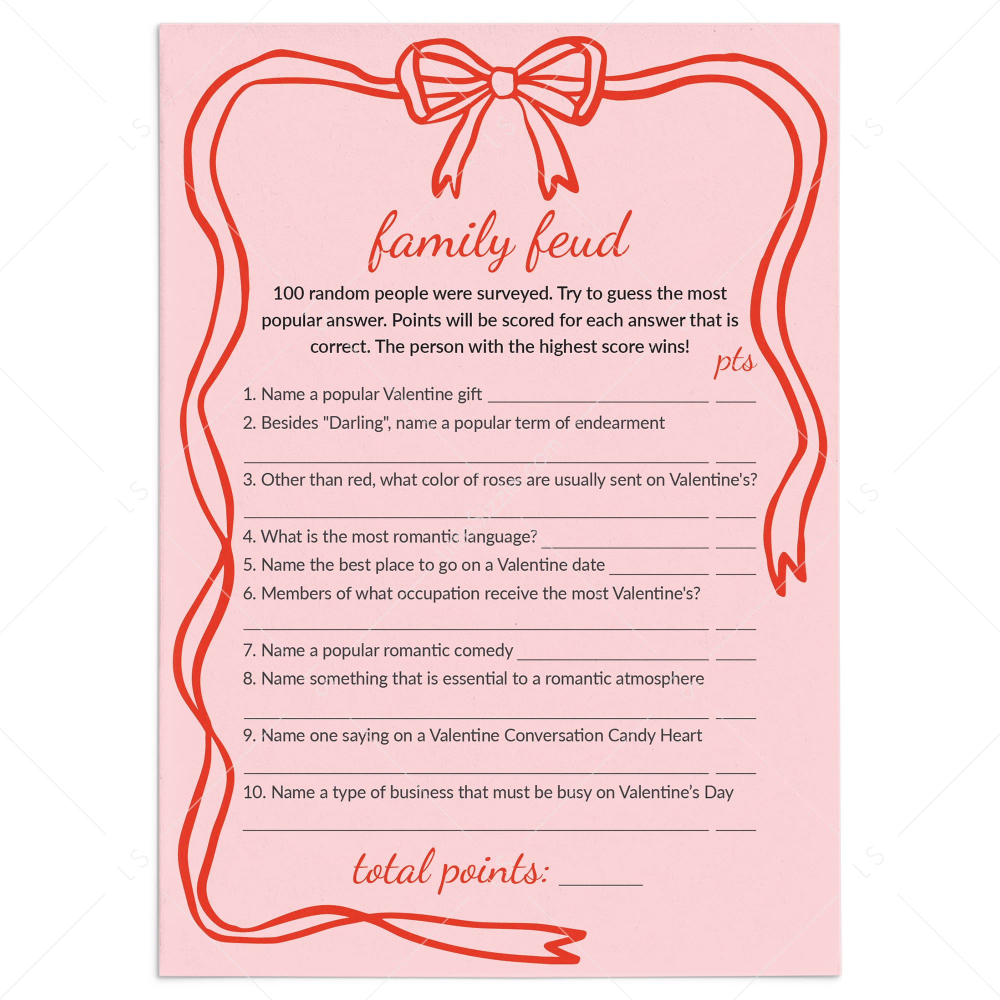 Valentine Family Feud Questions with Answers Digital Download by LittleSizzle