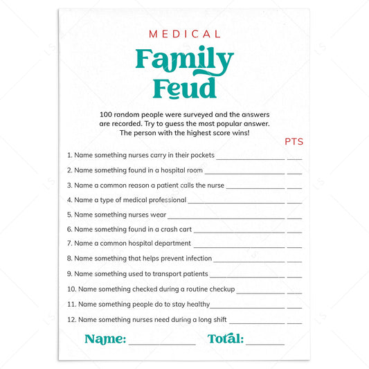 Medical Family Feud Questions and Answers Printable