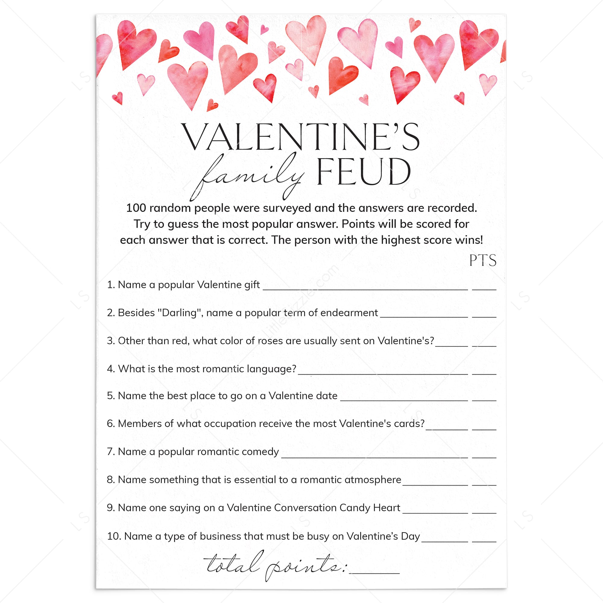 Valentine's Day Game Family Feud with Answers Printable by LittleSizzle
