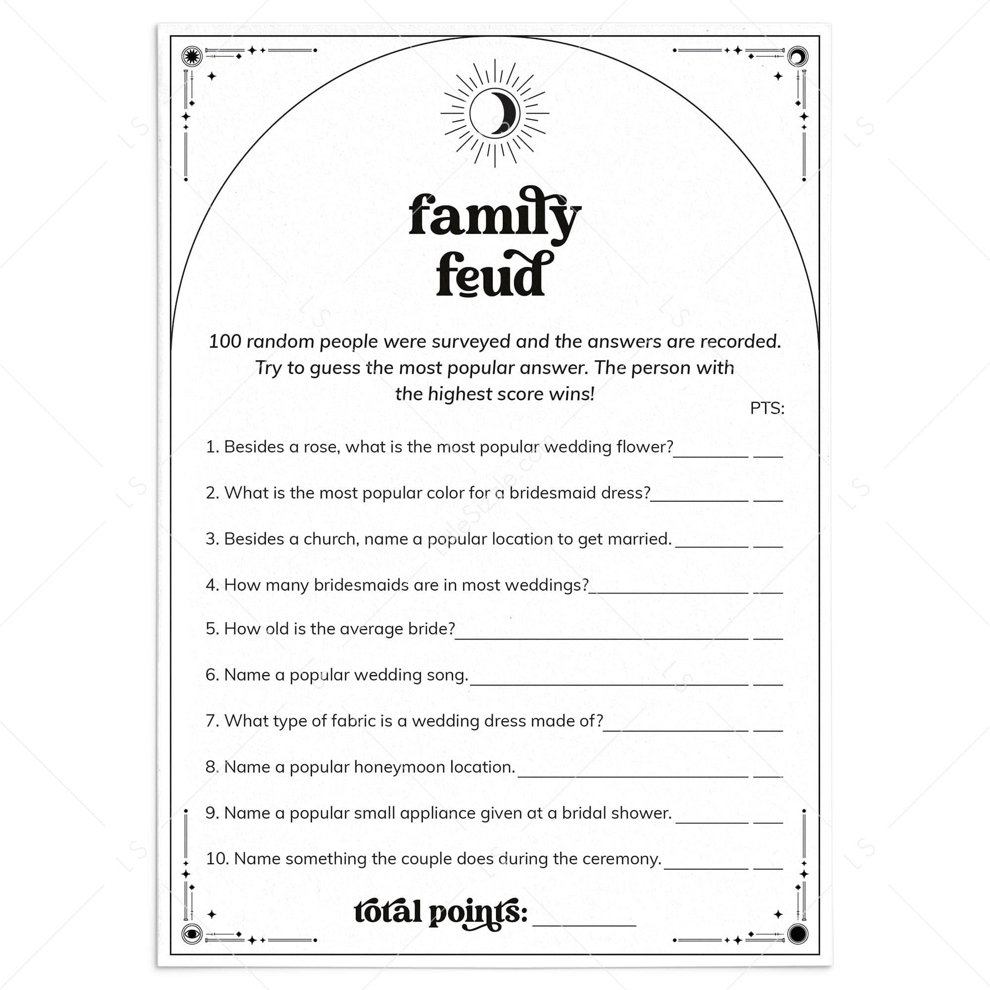 Celestial Theme Bridal Shower Family Feud Questions and Answers by LittleSizzle