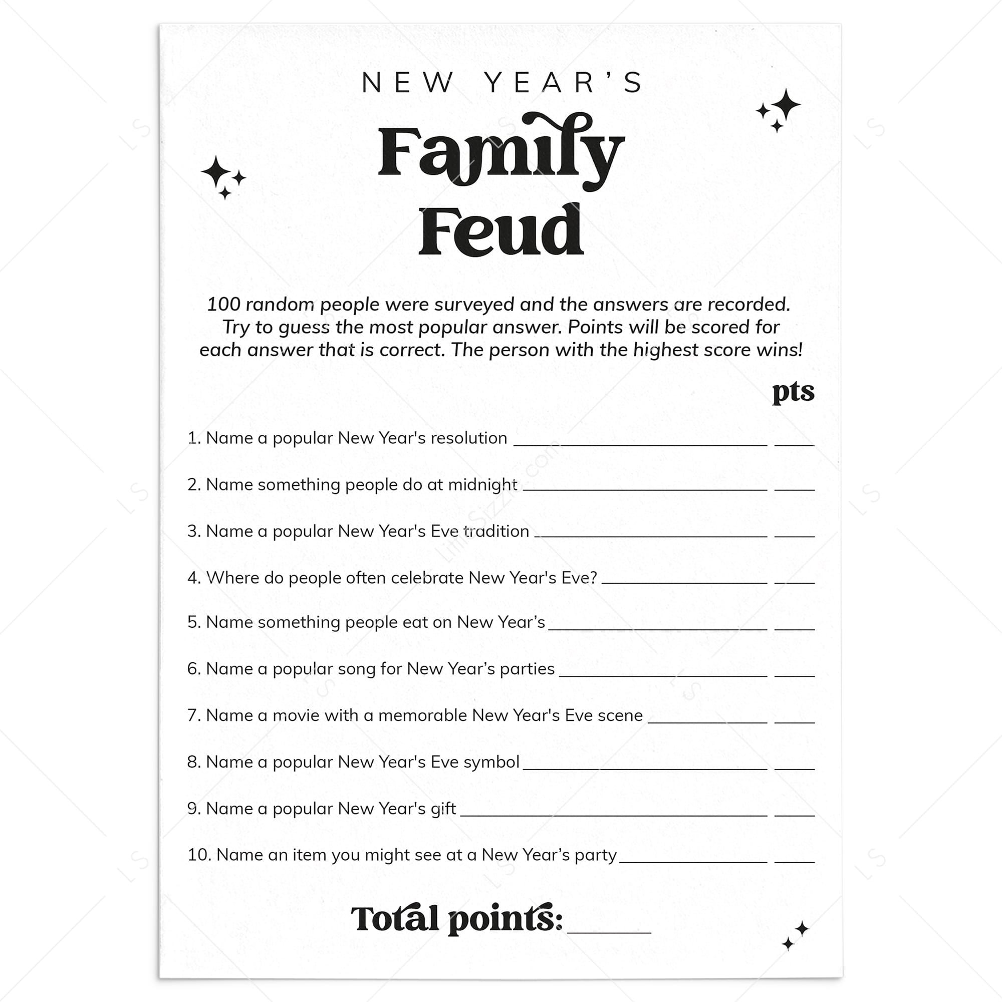 Family Feud New Years Party Game Printable Questions and Answers by LittleSizzle