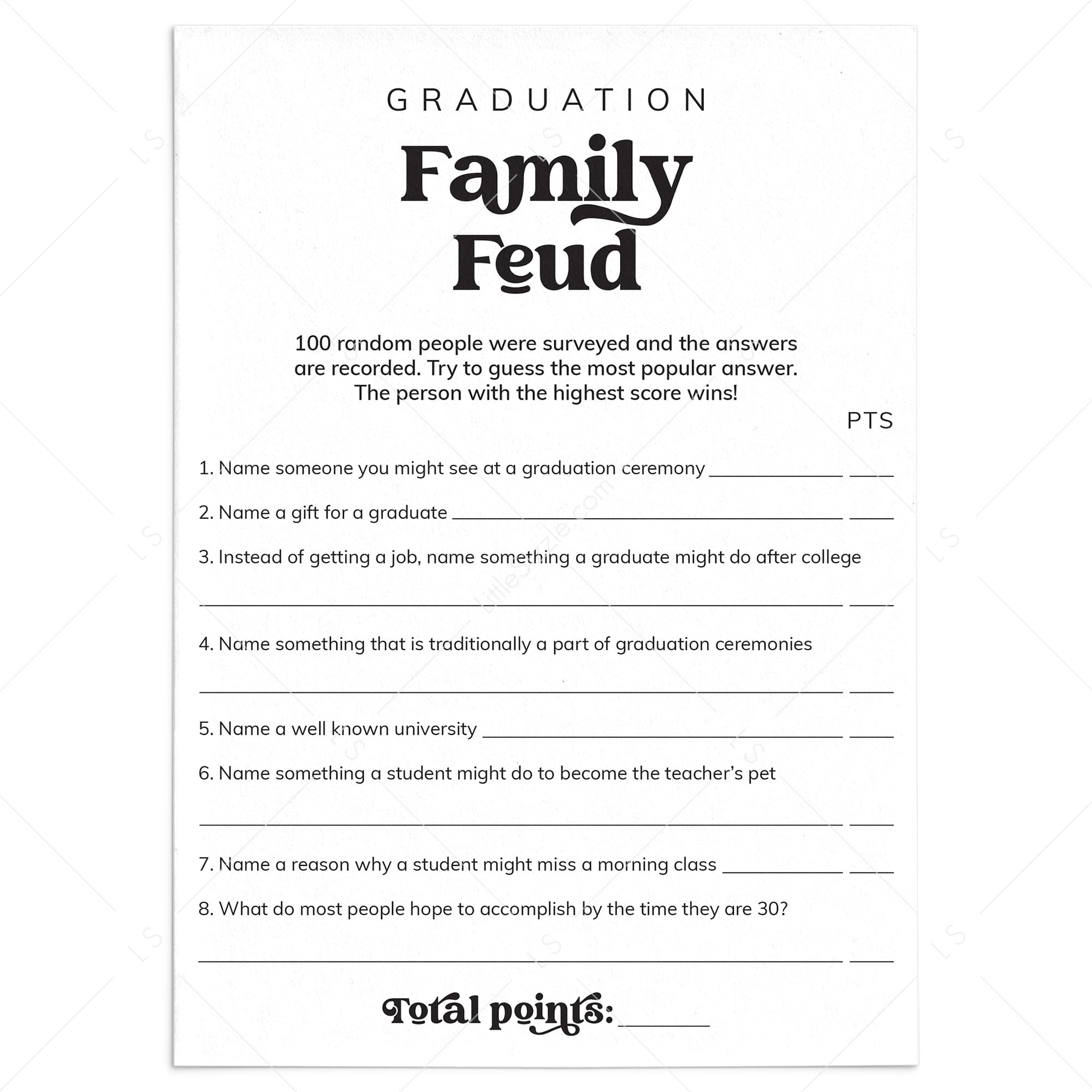 Printable Graduation Family Feud Game with Answers by LittleSizzle