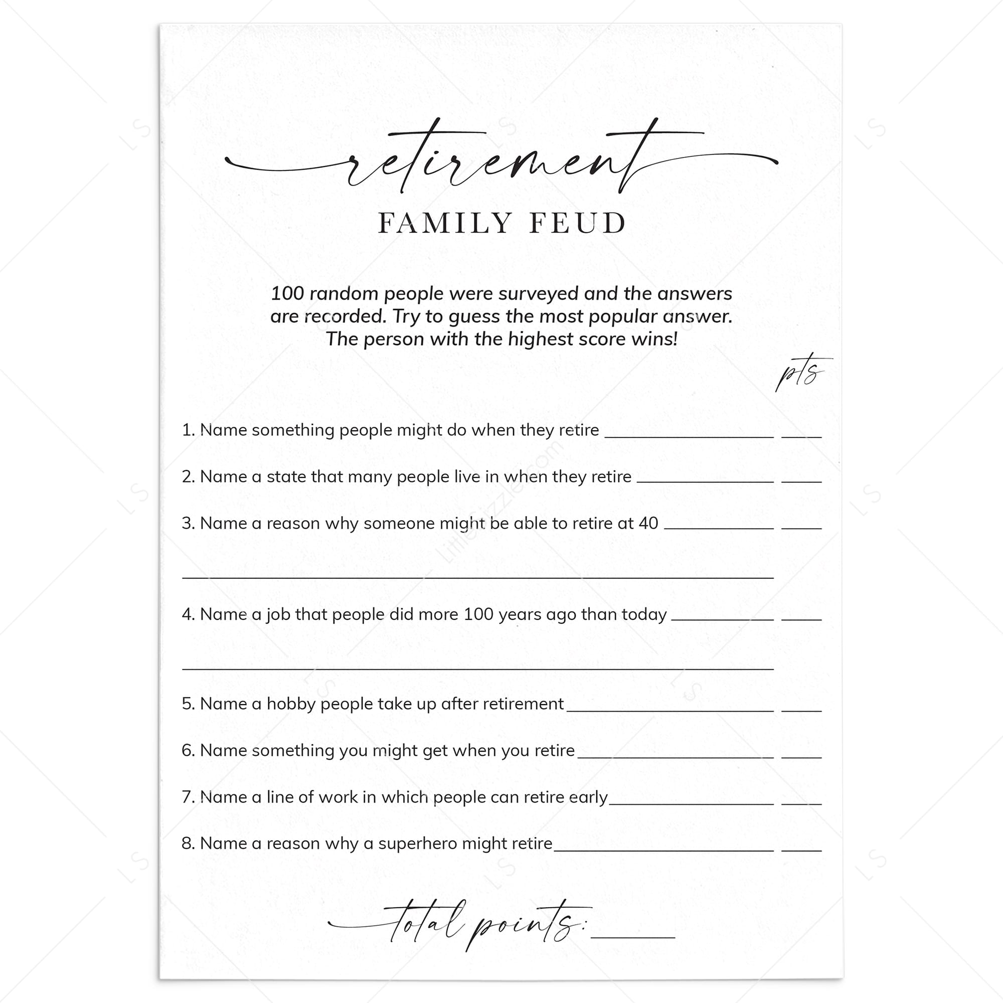Printable Retirement Family Feud Questions and Answers by LittleSizzle