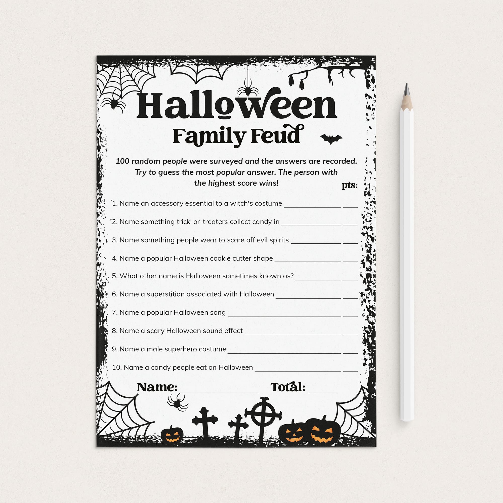 A printable Halloween Family Feud game sheet with black and white spiderweb borders, spooky illustrations, and fill-in lines, shown on a light beige background next to a white pencil.