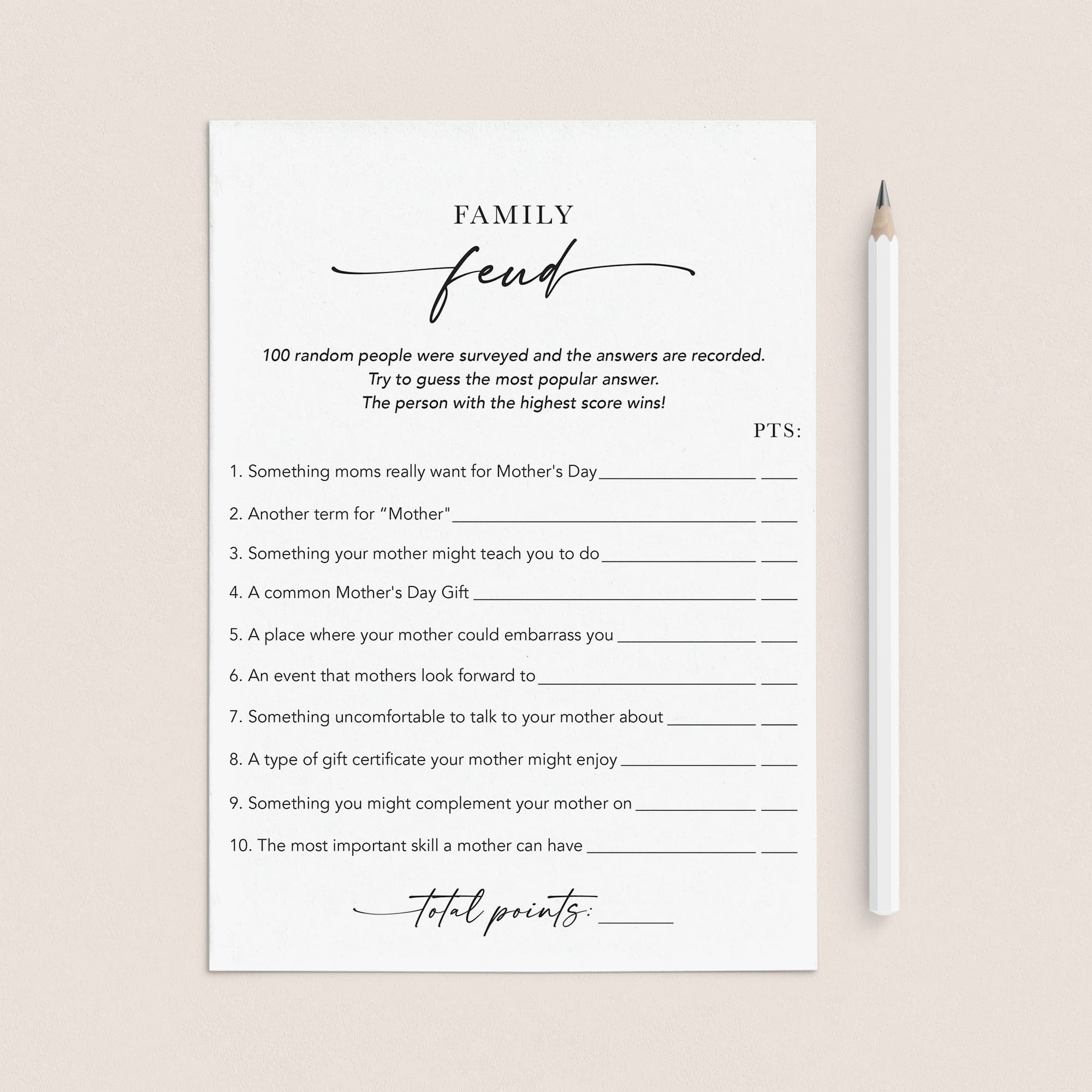 Family Feud Mother's Day Edition Printable Game with Answers by LittleSizzle