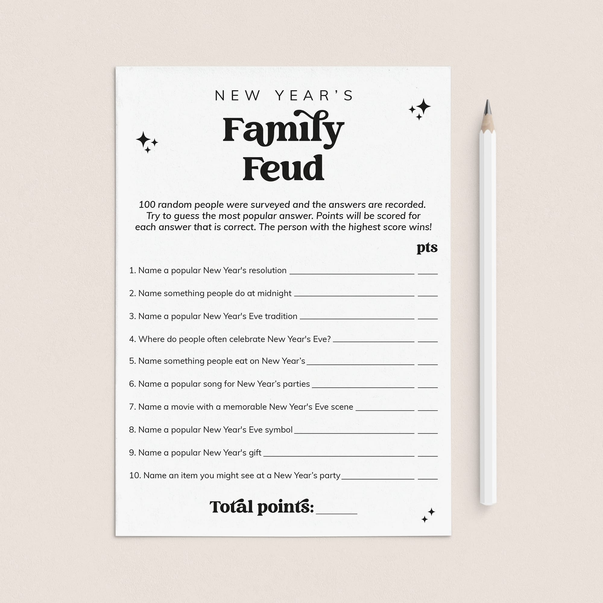 Family Feud New Years Party Game Printable Questions and Answers by LittleSizzle