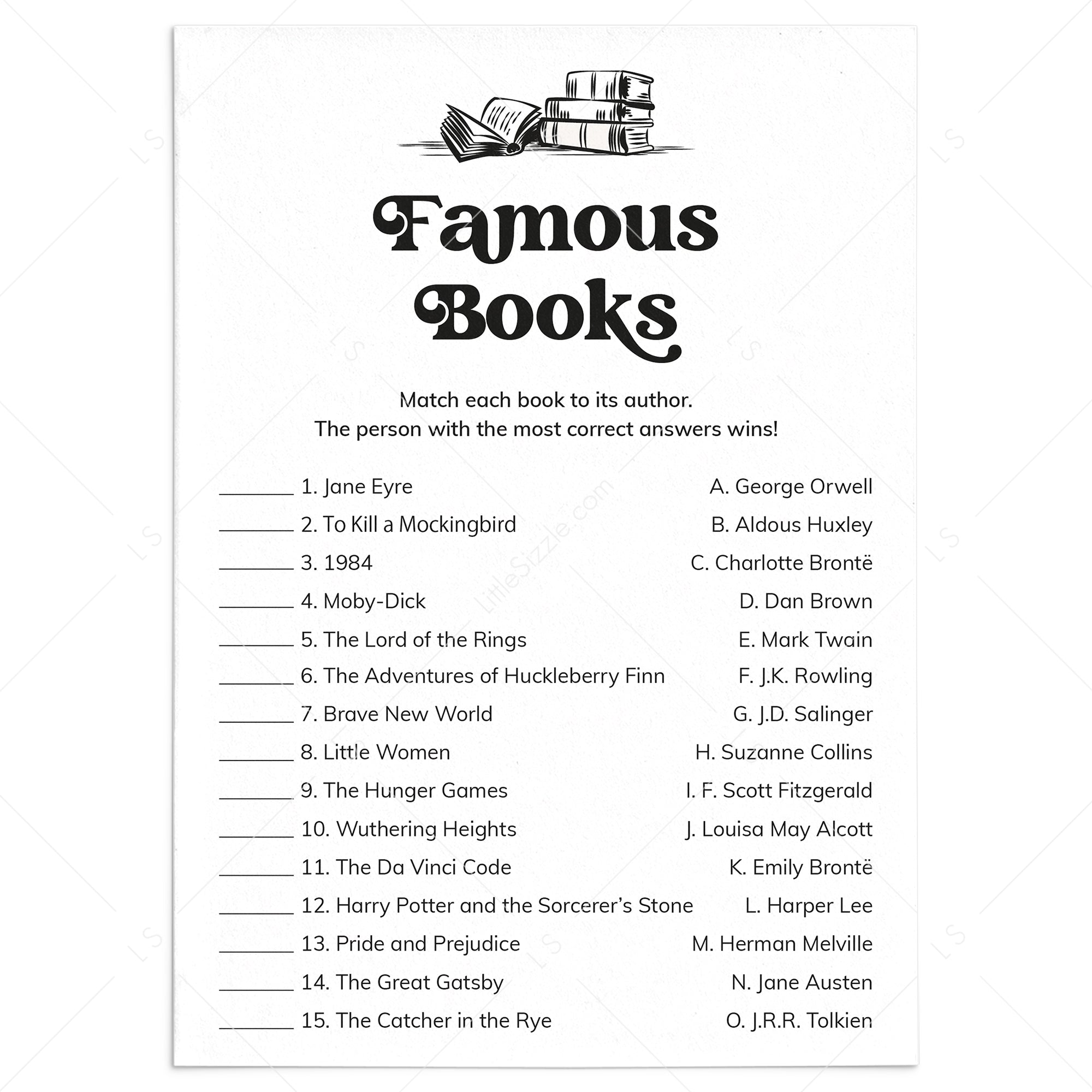 Printable Book Club Game Famous Books by LittleSizzle
