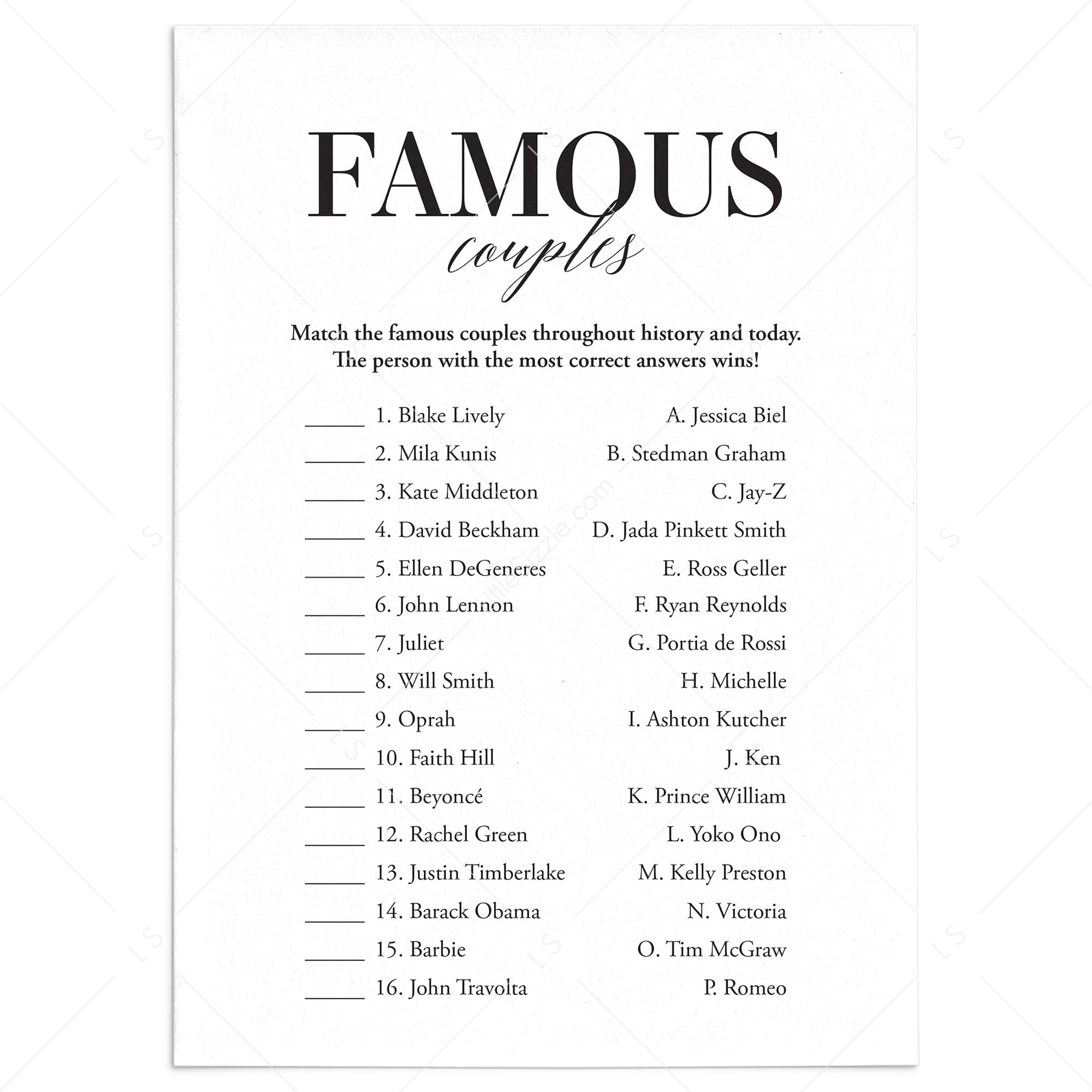 Famous Couples Game with Answer Key Printable | Match The Celebrity Couples – LittleSizzle famous-couples-game-with-answer-key-printable-match-the-celebrity-couples-littlesizzle