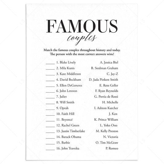 Famous Couples Game with Answer Key Printable by LittleSizzle