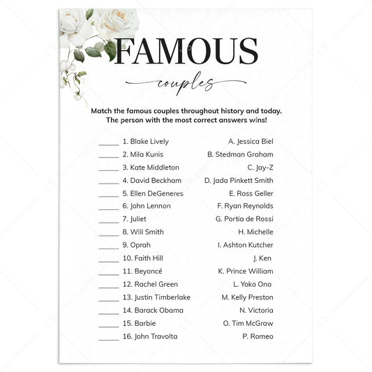 Match The Famous Couples Game with Answers Printable by LittleSizzle
