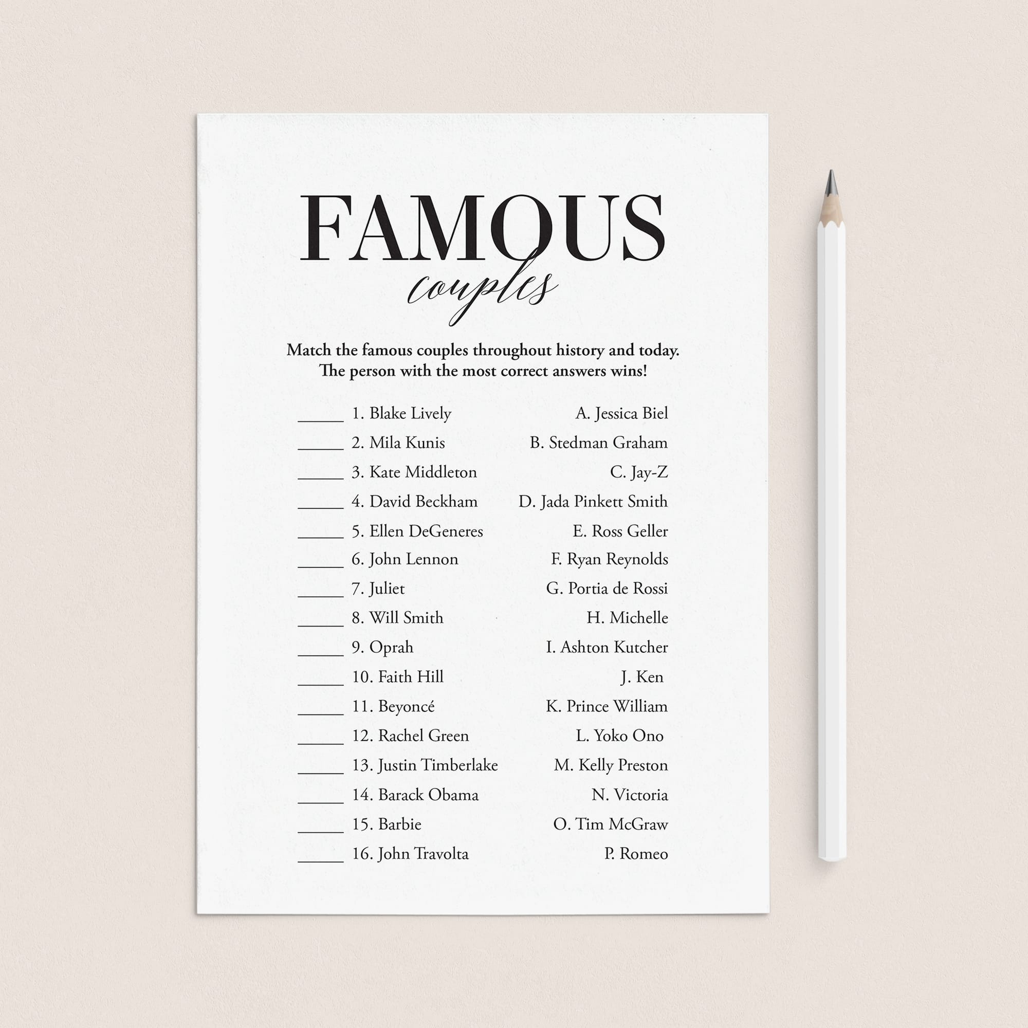 Famous Couples Game with Answer Key Printable by LittleSizzle