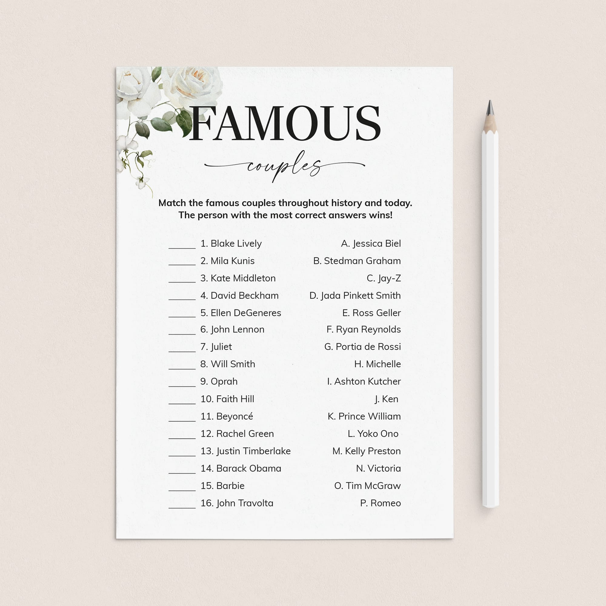 Match The Famous Couples Game with Answers Printable by LittleSizzle