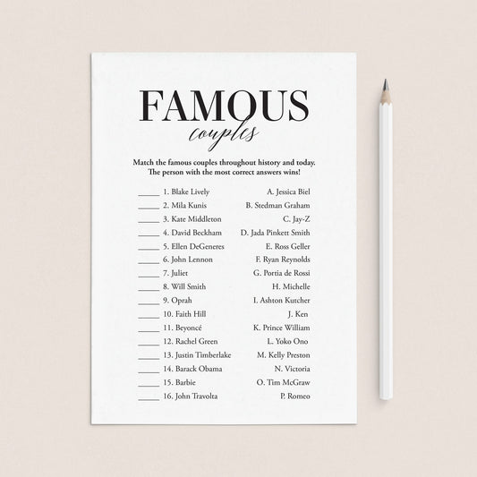 Famous Couples Game with Answer Key Printable by LittleSizzle