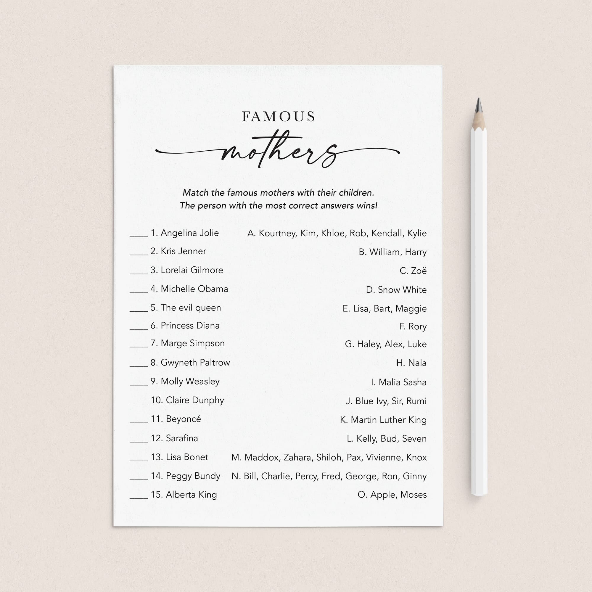 Printable Famous Mothers Game with Answers by LittleSizzle