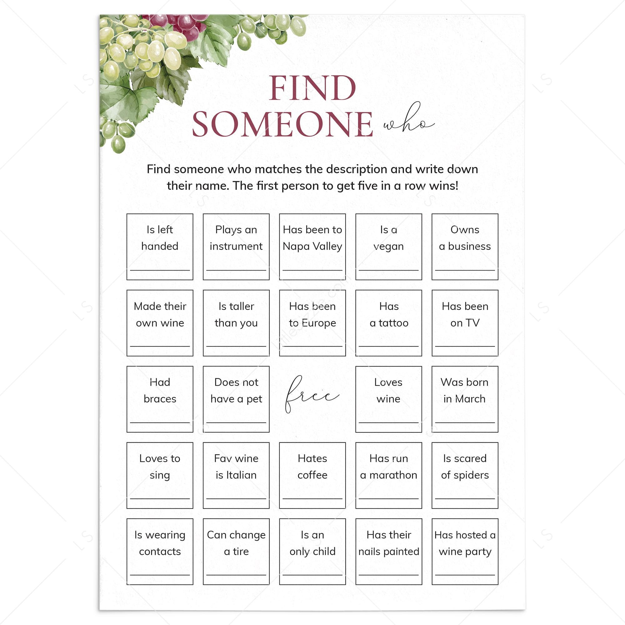 Find Someone Who Wine Party Game Printable by LittleSizzle