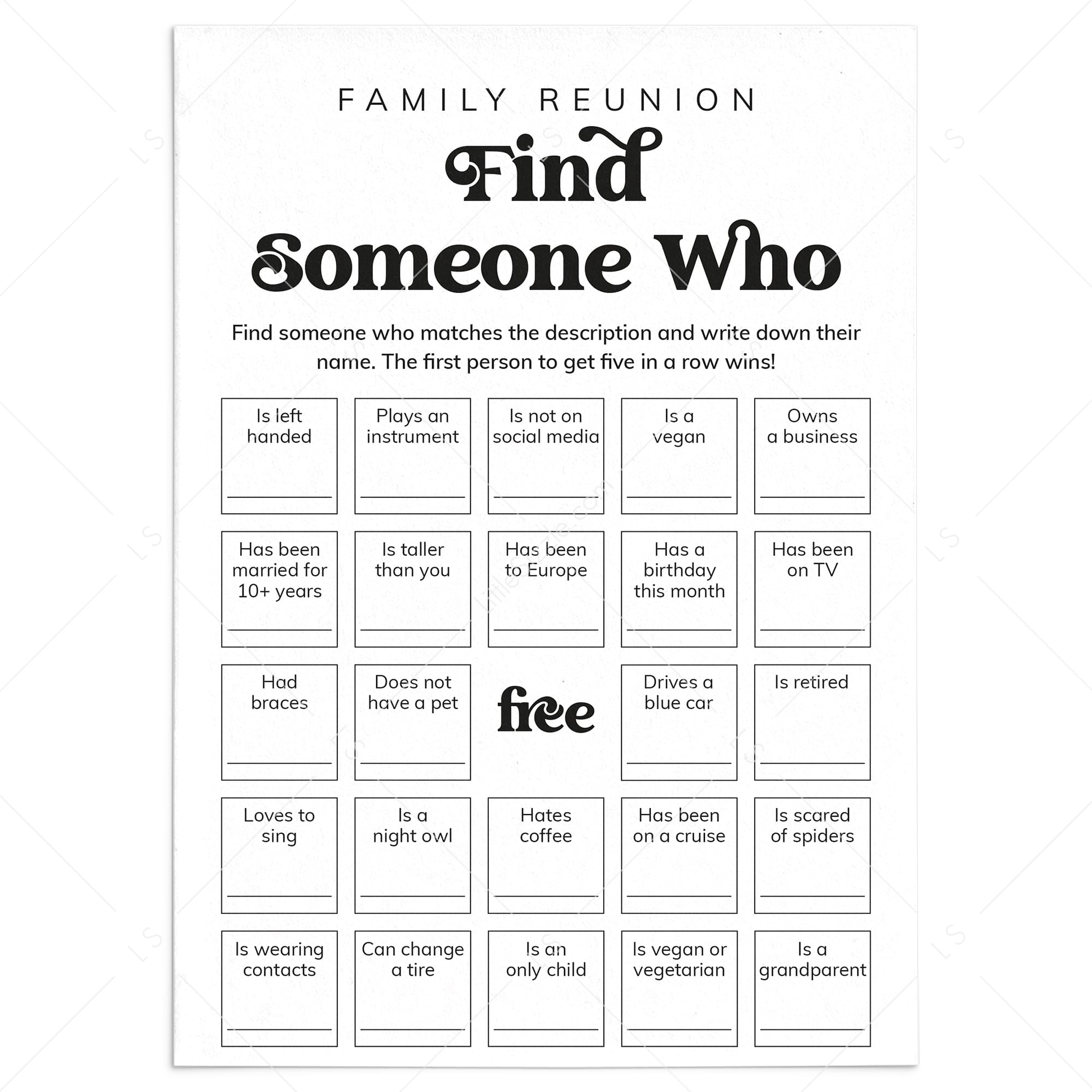 Family Reunion Bingo Game Find Someone Who Printable by LittleSizzle
