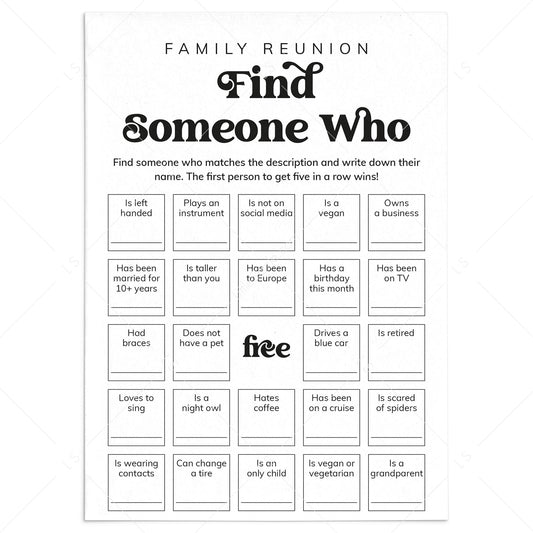 Family Reunion Bingo Game Find Someone Who Printable by LittleSizzle