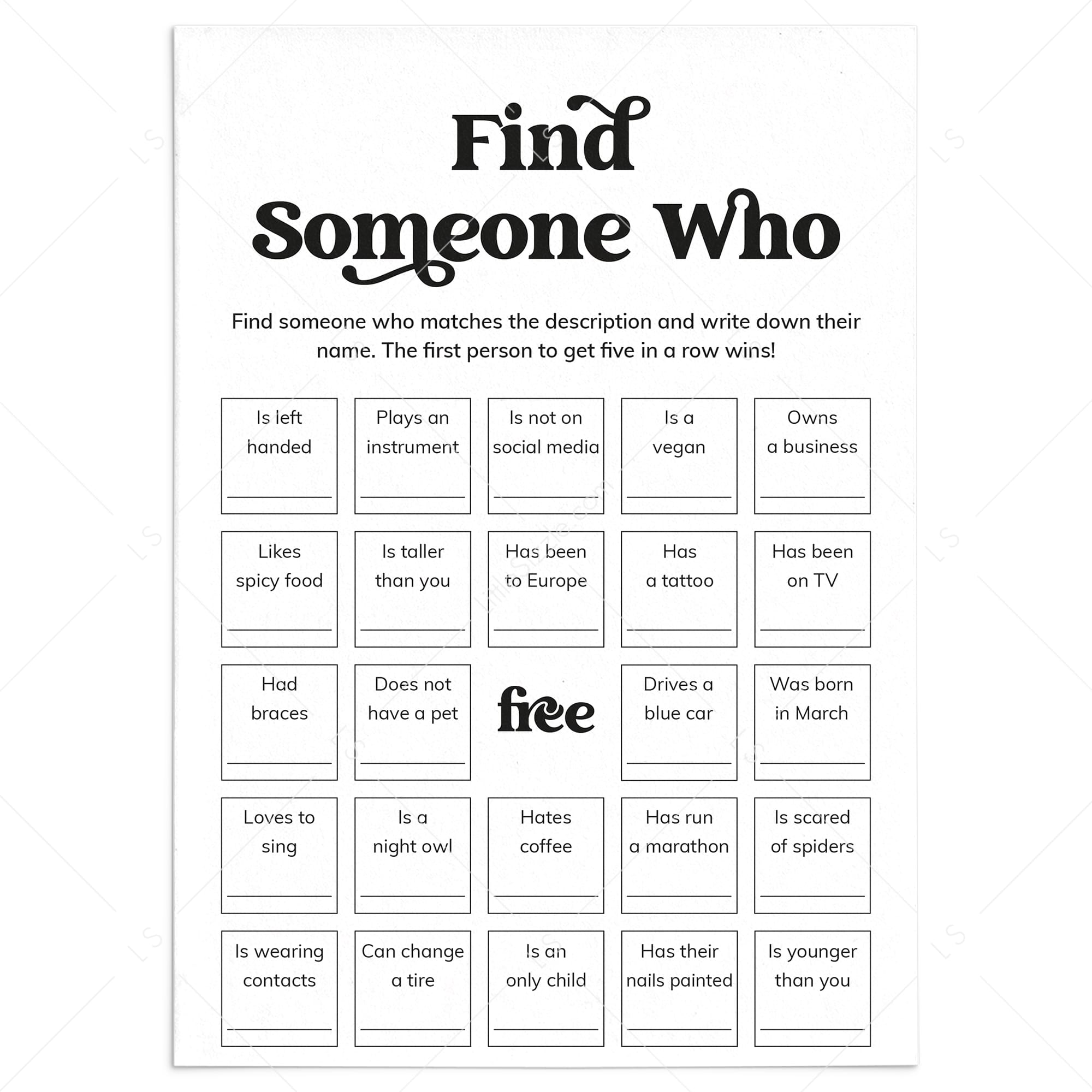 Printable Human Bingo Icebreaker Find Someone Who by LittleSizzle