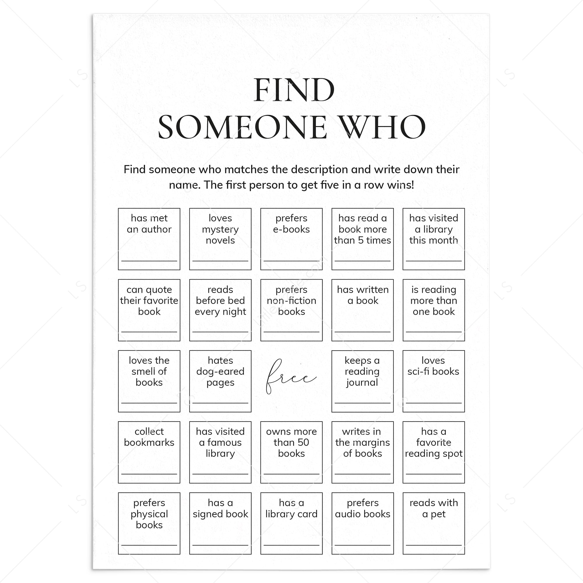 Book Club Icebreaker Bingo Find Someone Who Printable by LittleSizzle