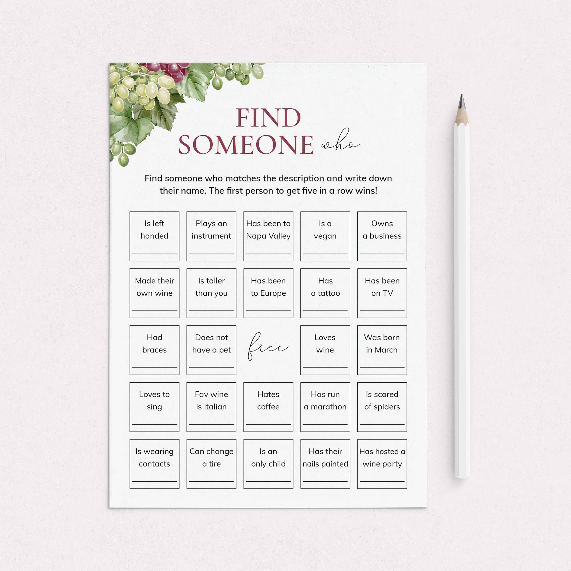 Find Someone Who Wine Party Game Printable by LittleSizzle