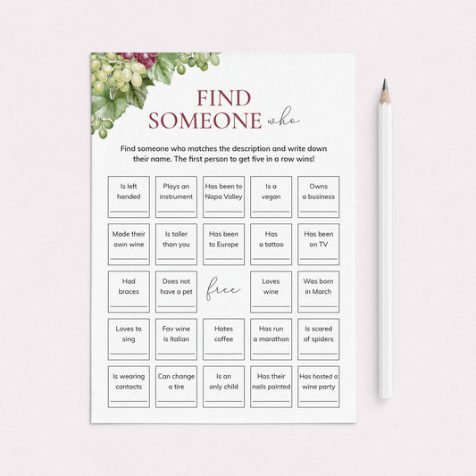 Find Someone Who Wine Party Game Printable by LittleSizzle