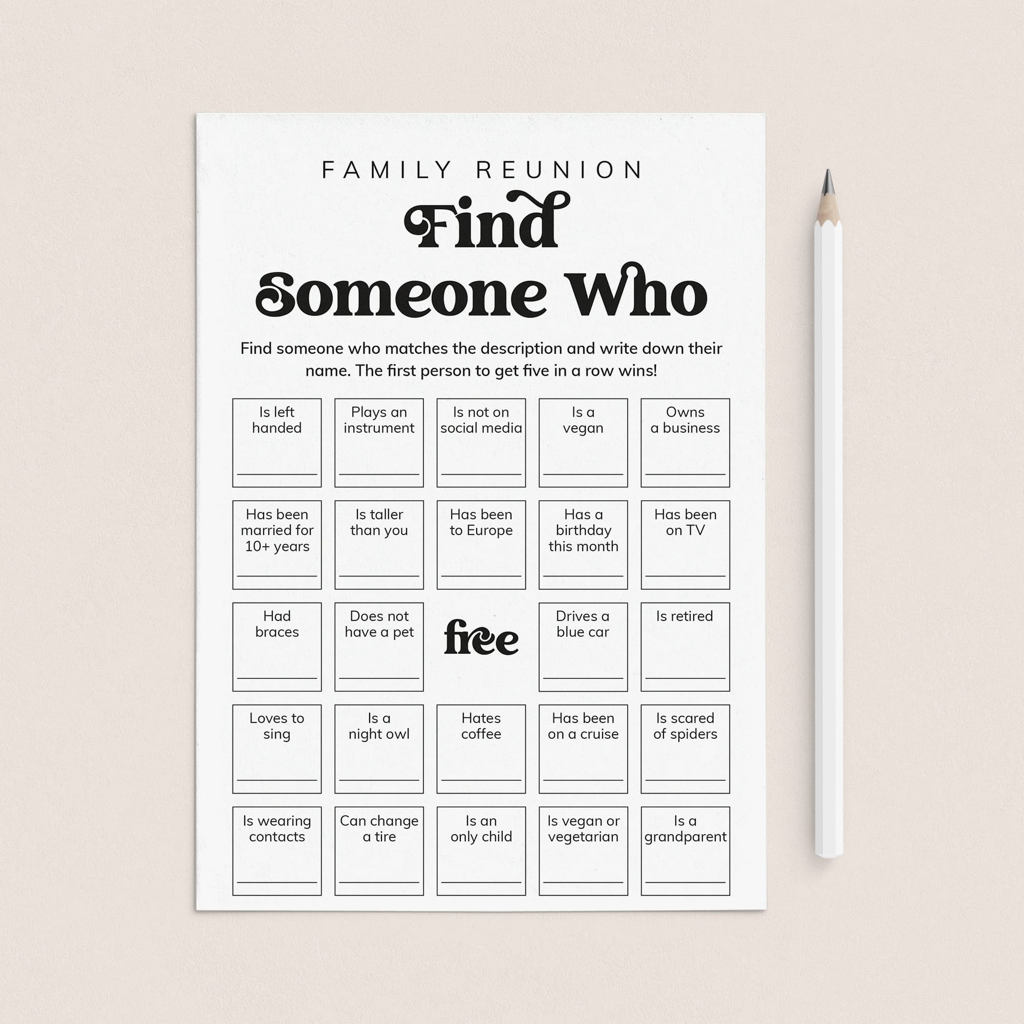 Family Reunion Bingo Game Find Someone Who Printable by LittleSizzle