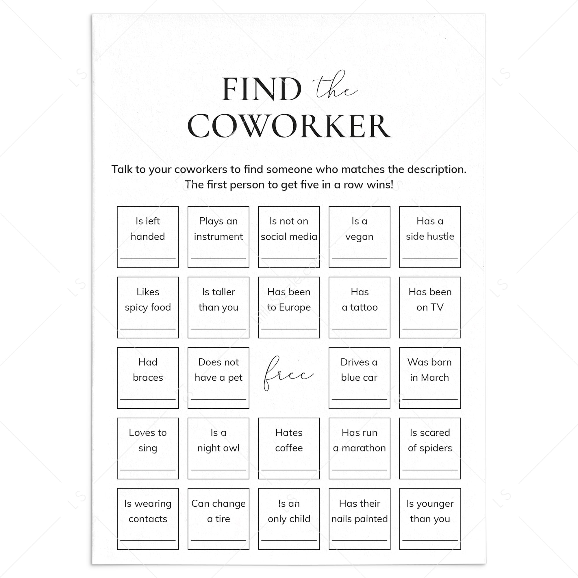 Find The Coworker Bingo Printable Get to Know You Office Game by LittleSizzle
